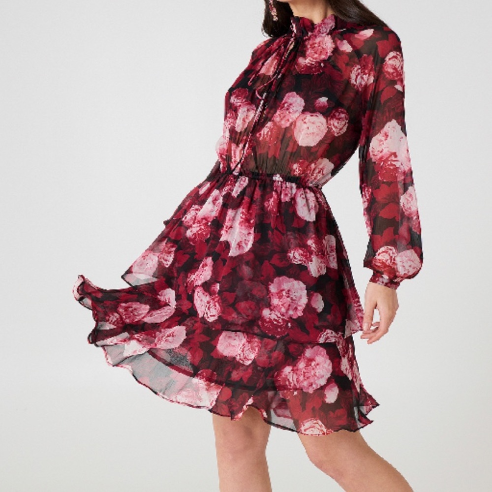 High Frill Neck Dress - Multicolor In Red Flower